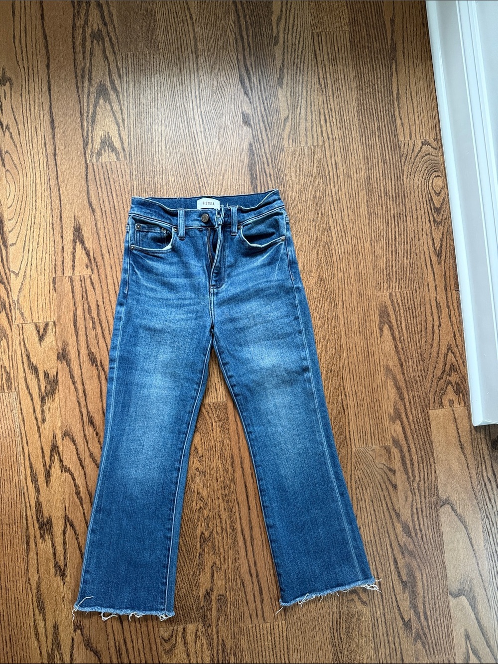 Pistola Medium Blue High-Rise Straight Crop Jeans with Raw Hem